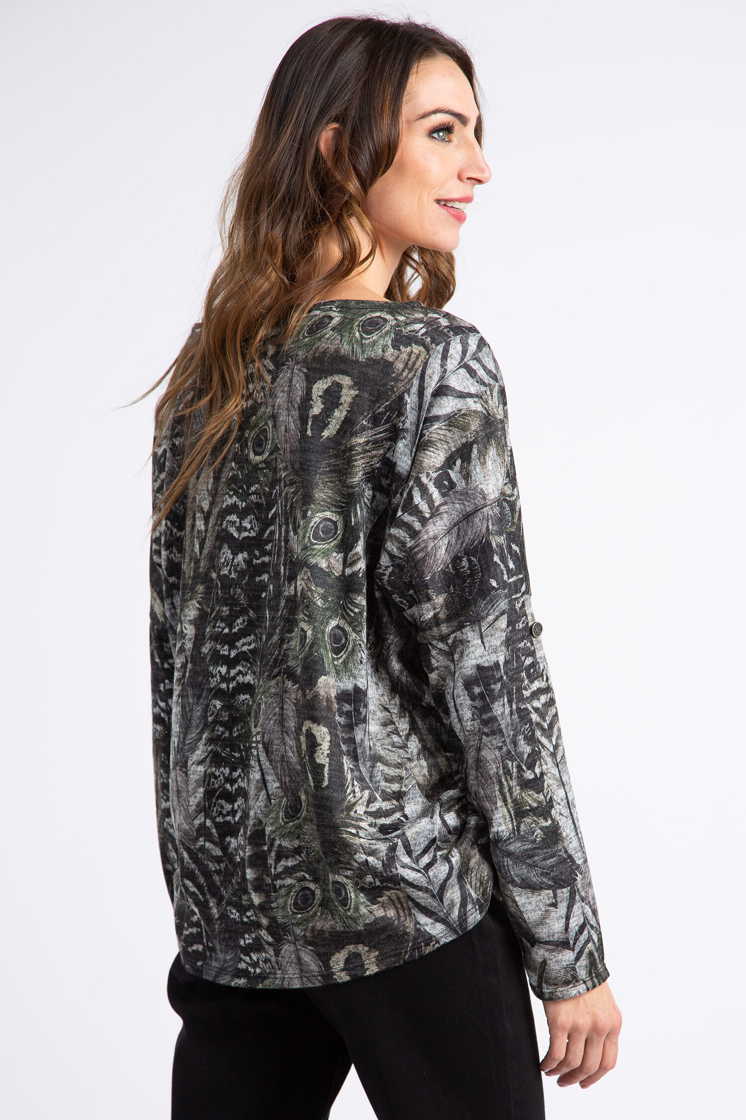 Peacock Print Roll-Tab Sleeve Top Image 3