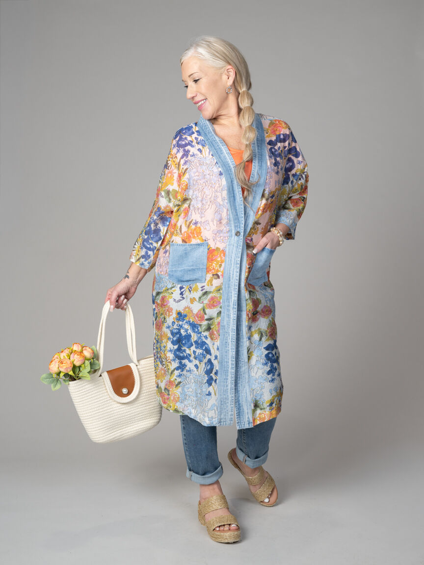 Long Denim Trim Cardigan