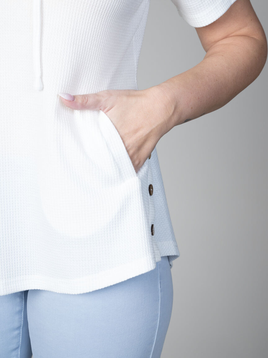 Short Sleeve Waffle Knit Tunic With Hood