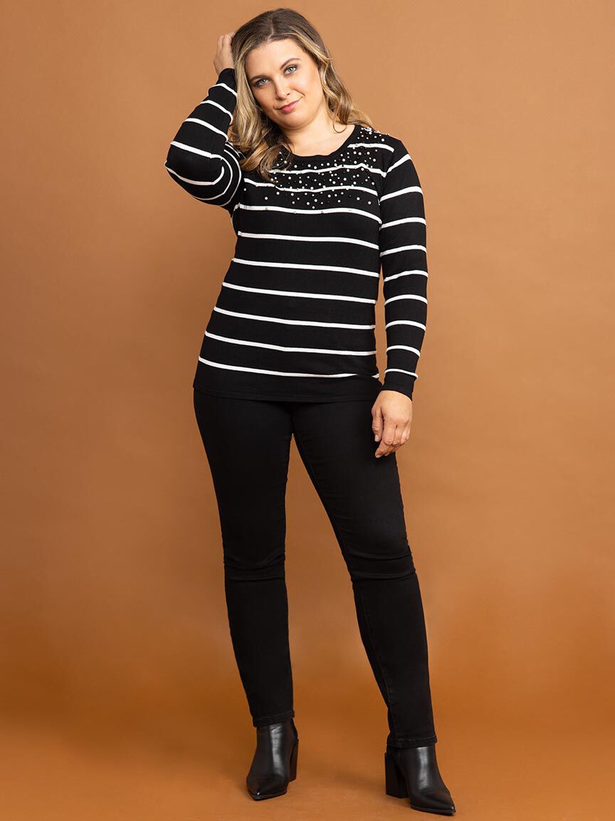 Pearl Detail Striped Top