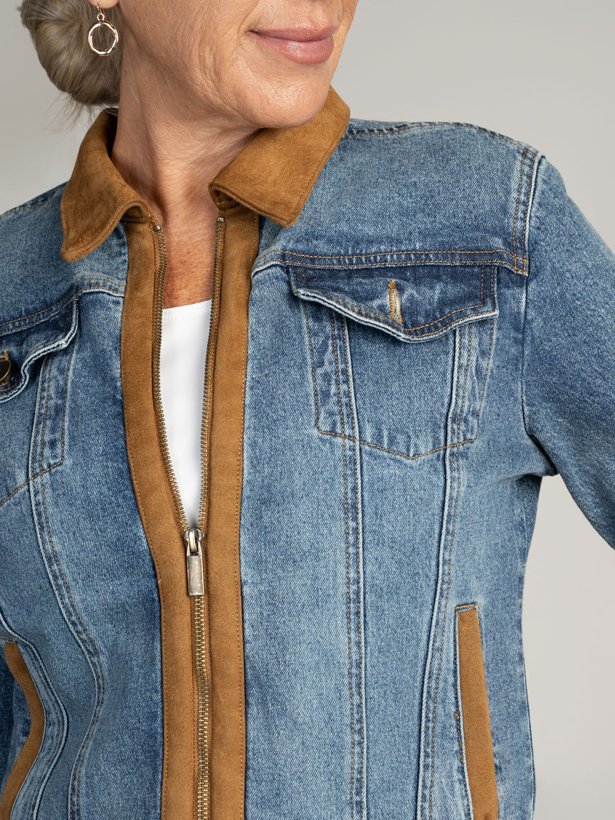 Denim Zip-Up Jacket With Suede Trim