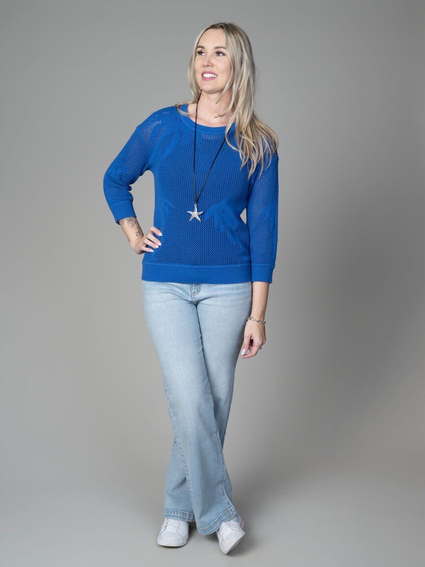 3/4 Sleeve Mesh Knit Crew Neck Sweater 