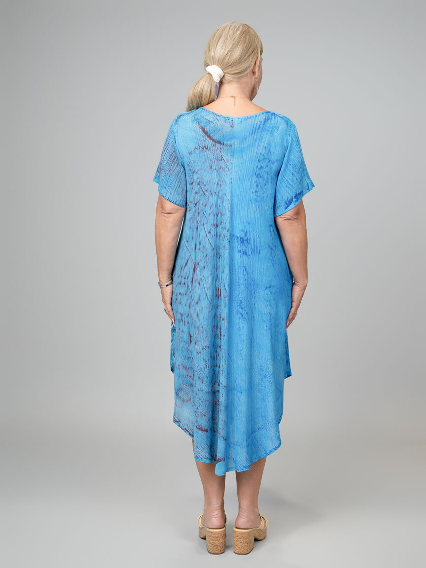Short Sleeve Tie-Dye Midi Dress With Asymmetrical Hem