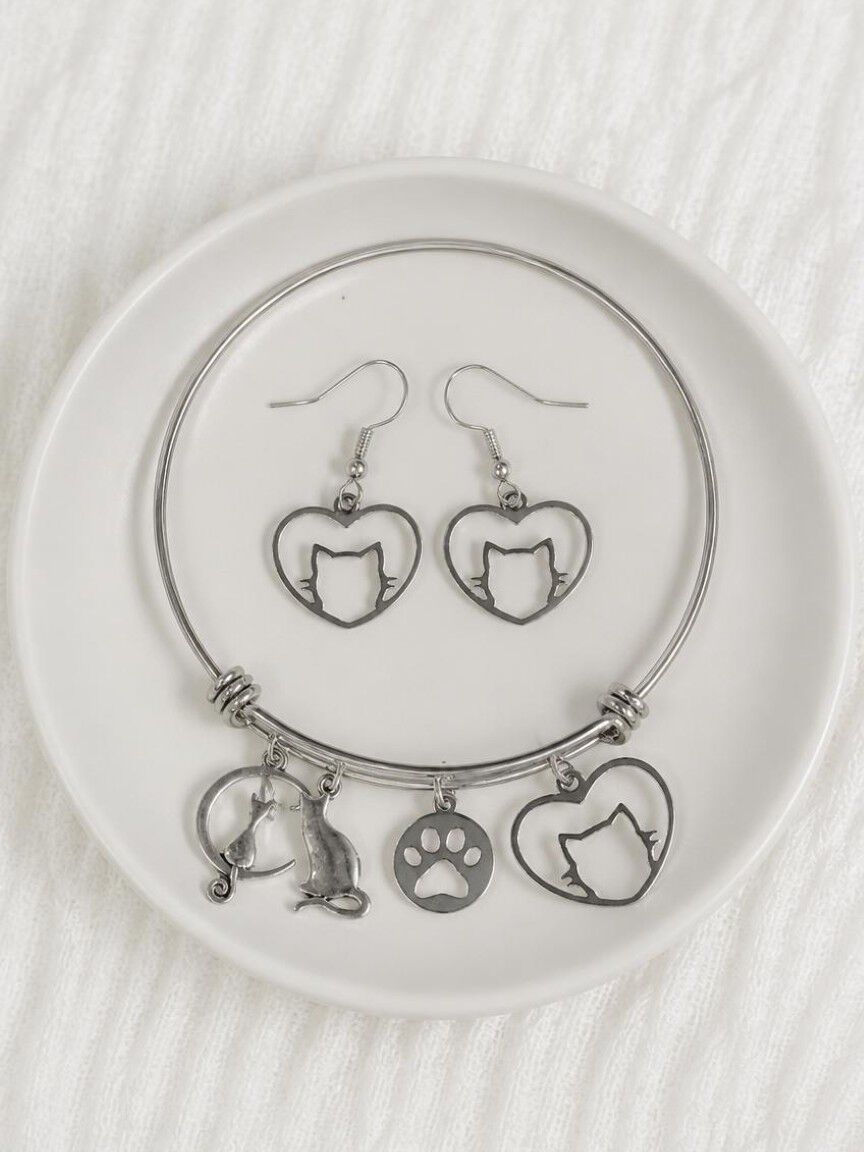 Cat Charm Bracelet & Earrings