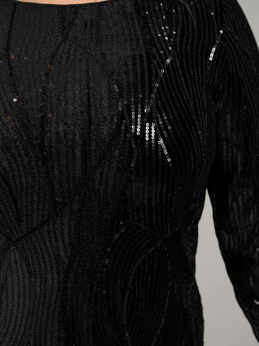 Lined Long Sleeve Knee Length Sequin Dress