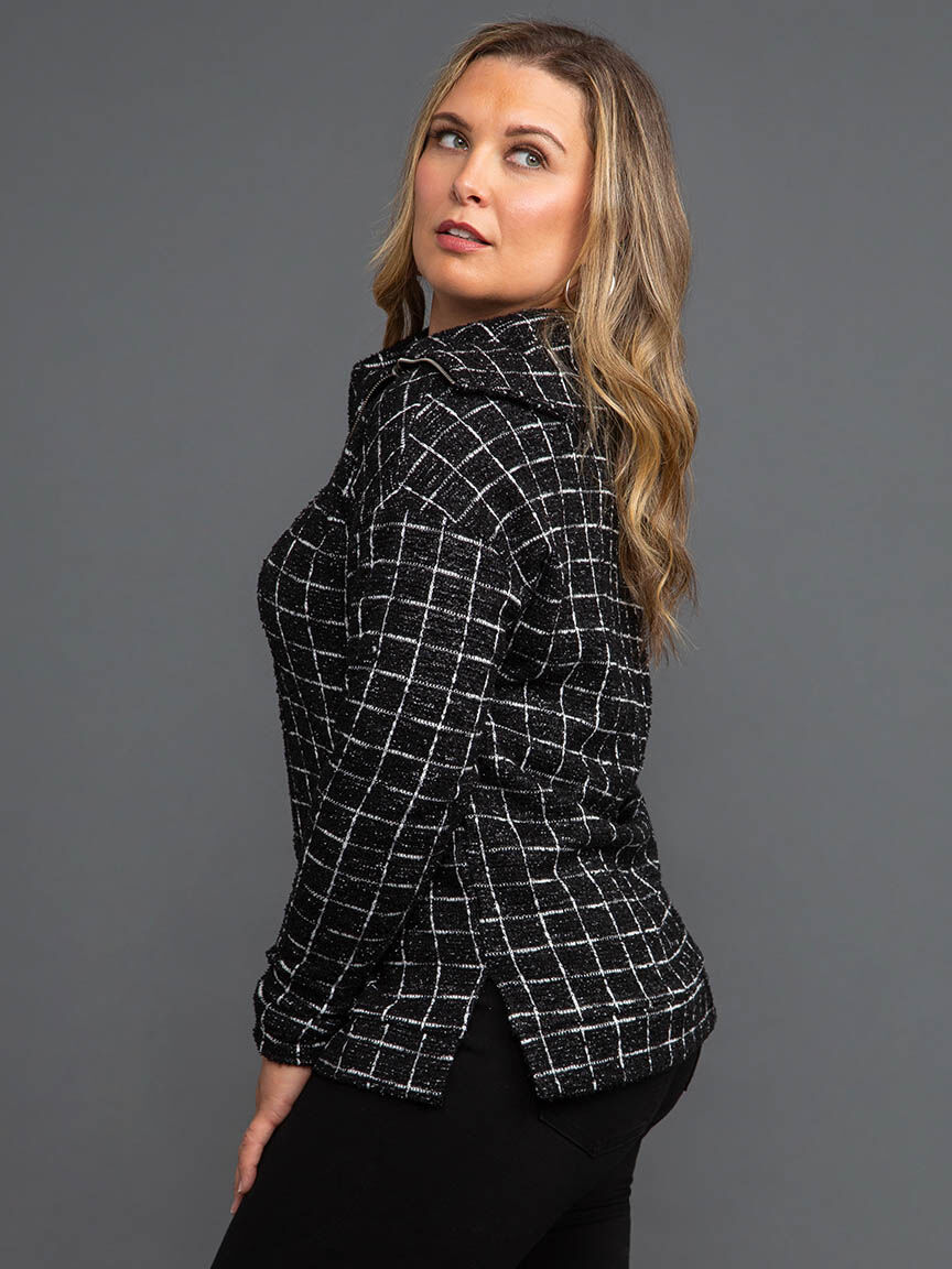 Shiny Thread Split Neck Top with Zippered Collar Image 3