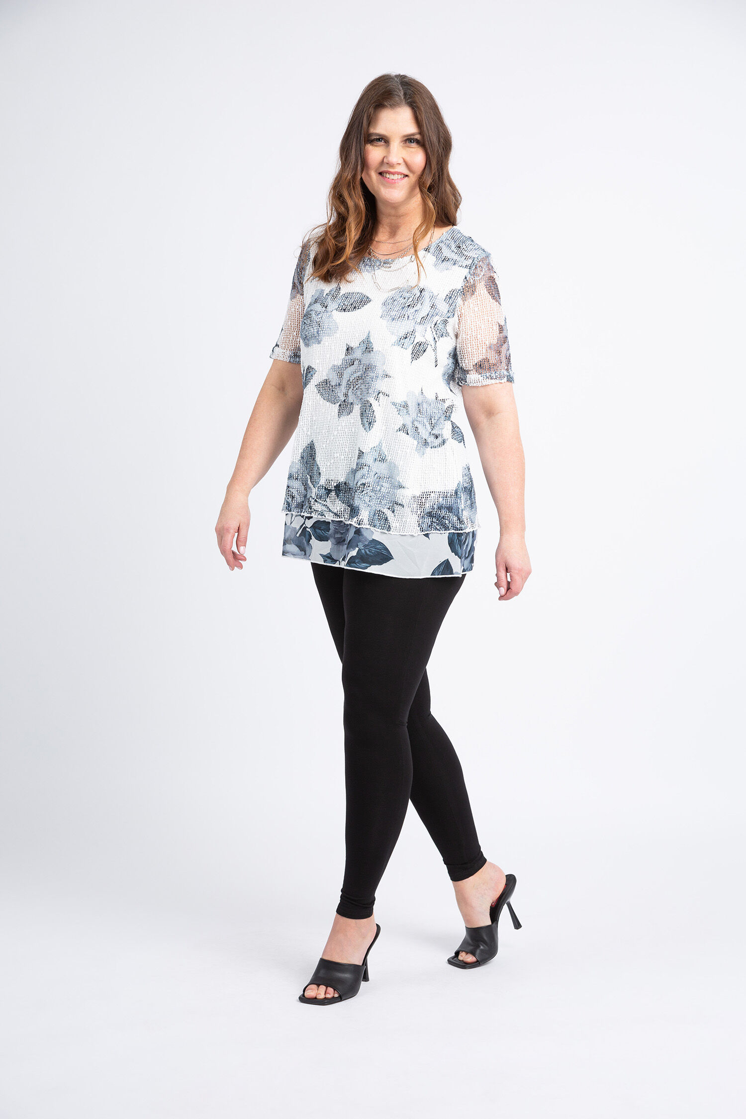 Floral Mesh Sequin Layered Short Sleeve Top Image 2