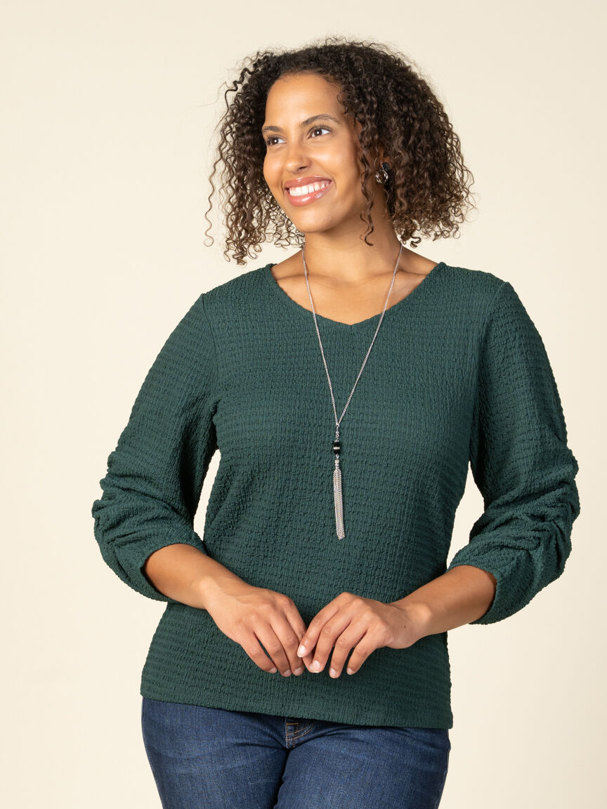 Texured 3/4 Ruched Sleeve Top Image 1
