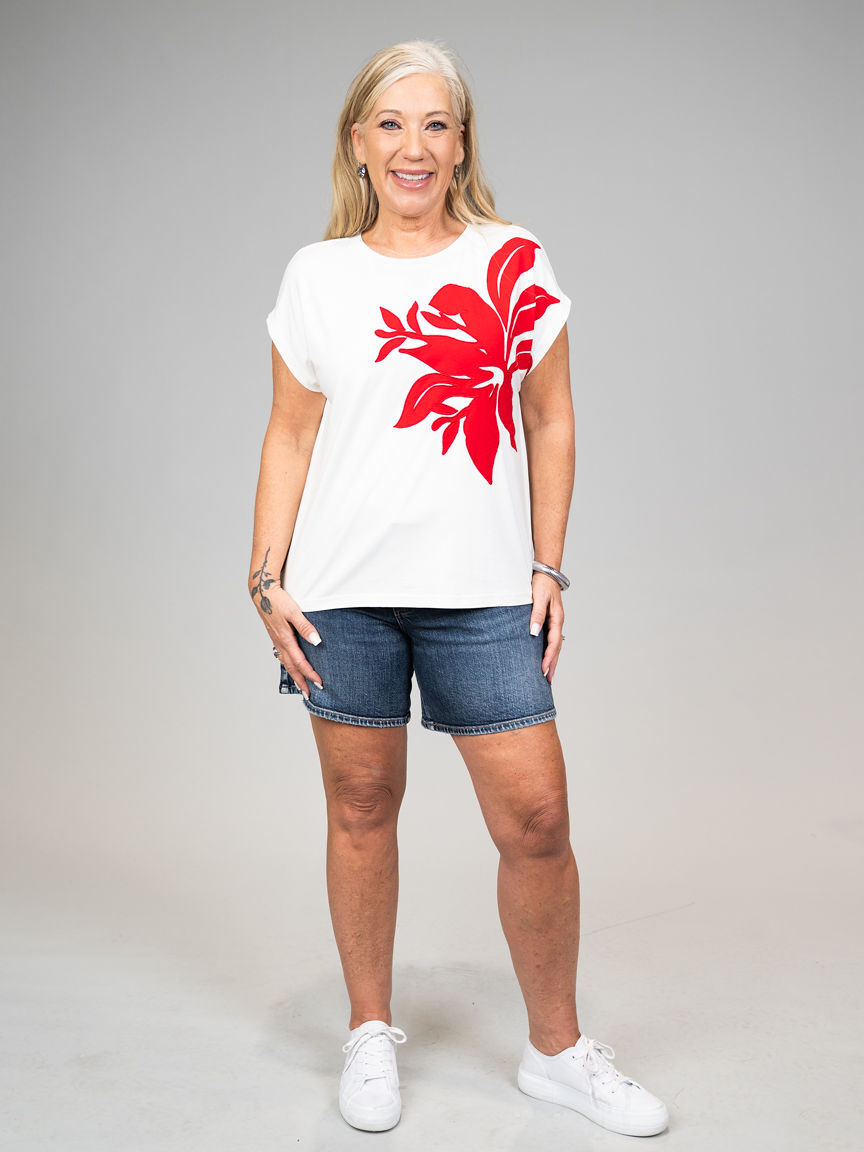 Floral Appliqu&eacute; Cap Sleeve Top