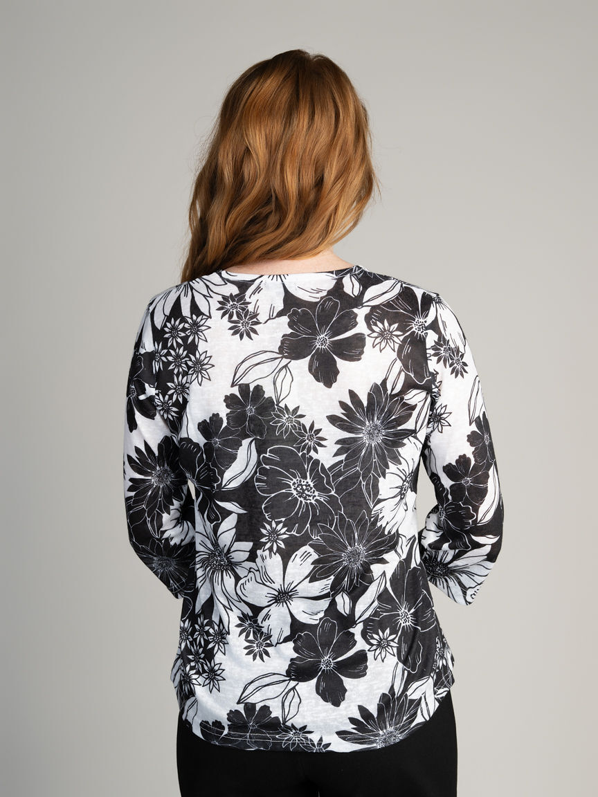 3/4 Sleeve Floral Print Top With Hotfix