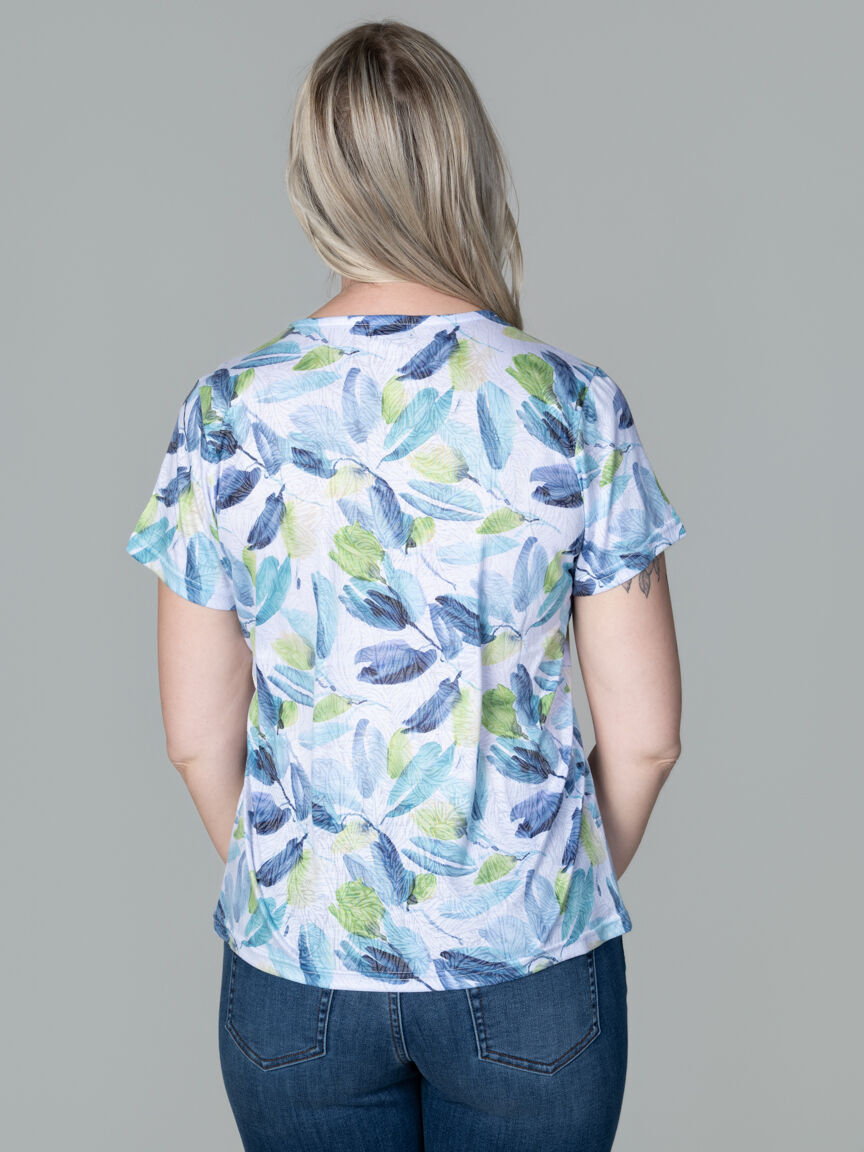 Burnout Leaf Print Short Sleeve Top with V-Neck