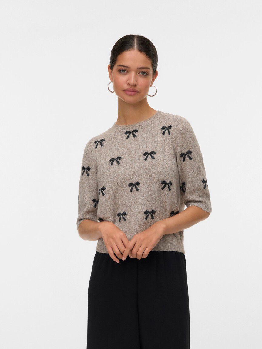 Elbow Sleeve Bow Print Sweater