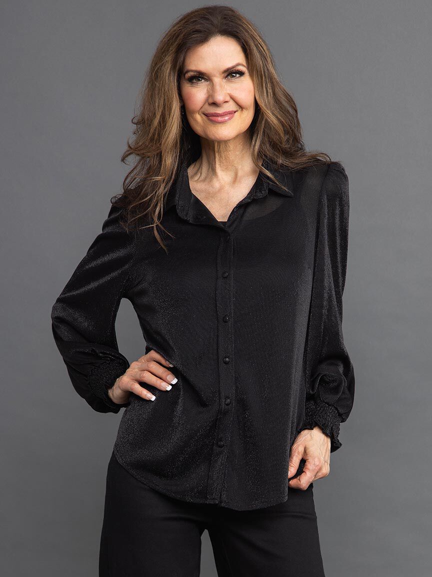 Lurex Long Sleeve Blouse w/ Smocked Cuff Image 2