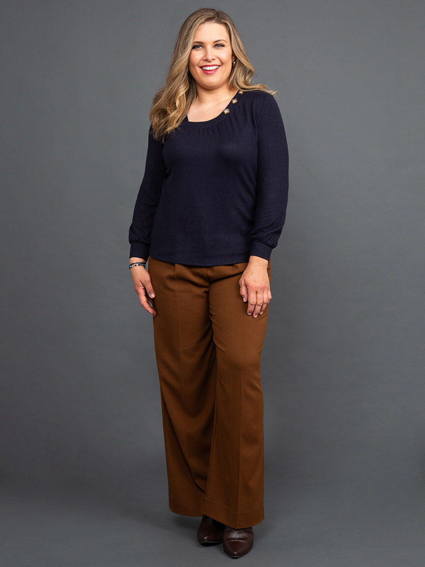 Balloon Sleeve Knit Top w/ Asymmetrical Neckline Image 1