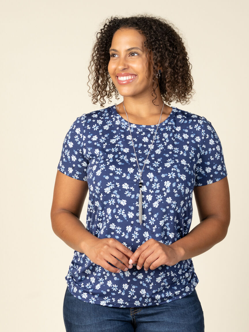 Short Sleeve Floral Top with Side Ruching