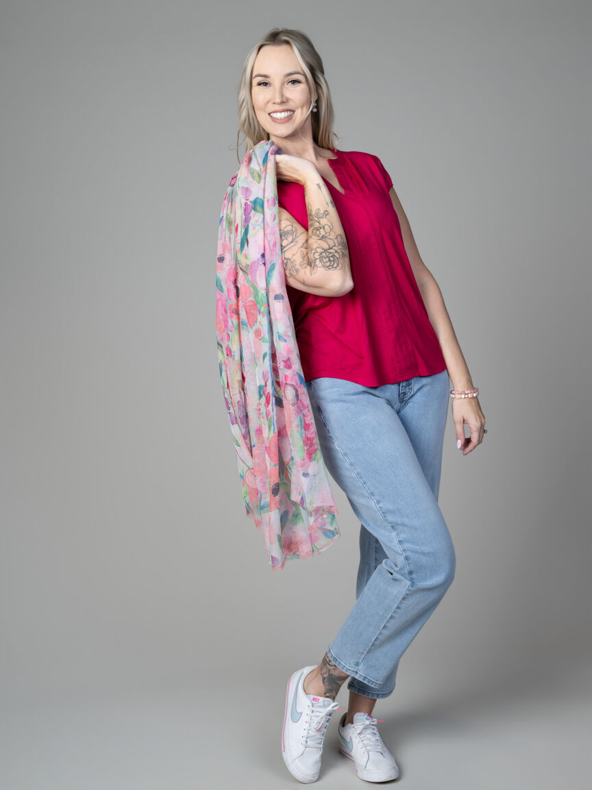 Short Sleeve Henley Neck Top With Ladder Stitching