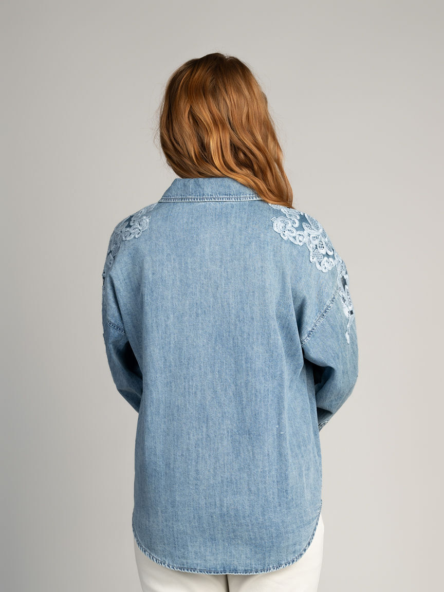Lace Shoulder Denim Blouse