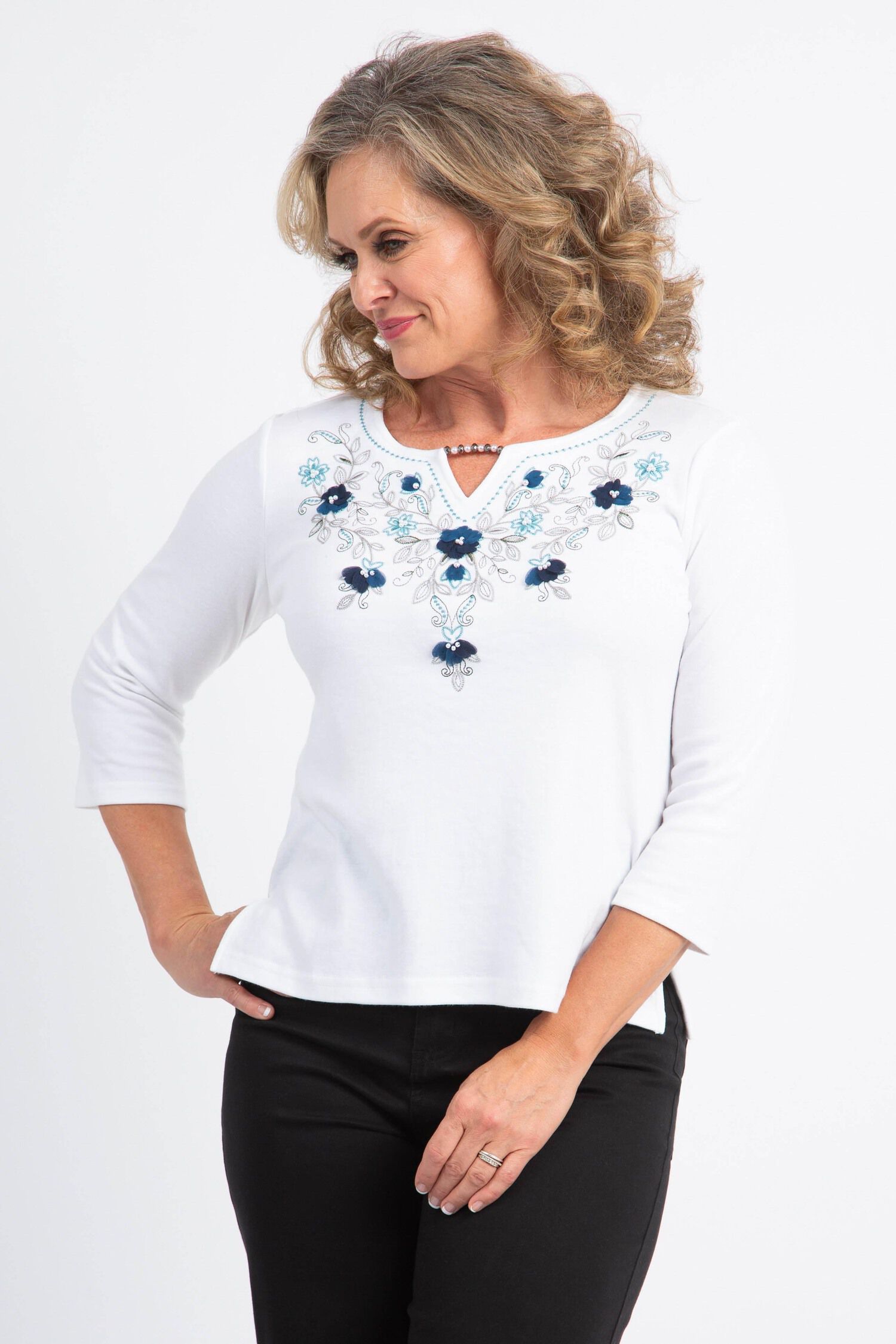 &frac34; Sleeve Floral Embroidered Top Image 1