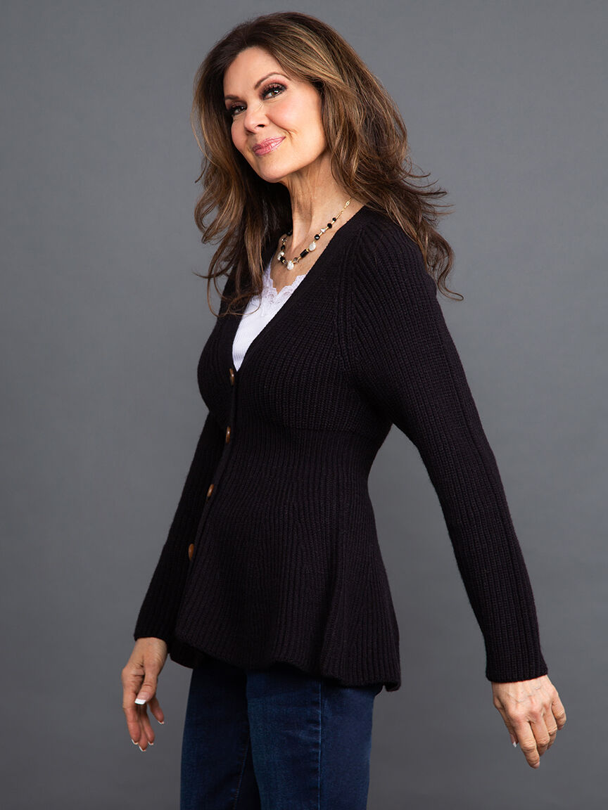 V-Neck Cardigan w/ Peplum Hem Image 3