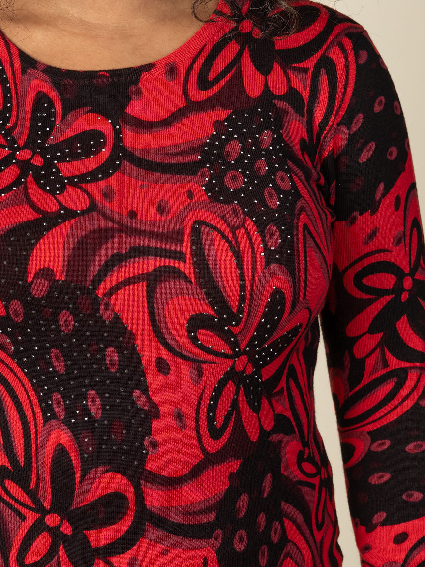 Flower Print and Hot Fix Long Sleeve Top