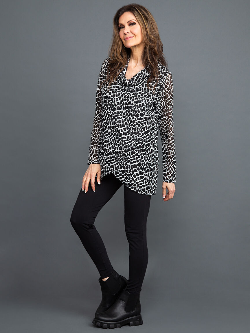 Faux Wrap Cowl Neck Mesh Top Image 1