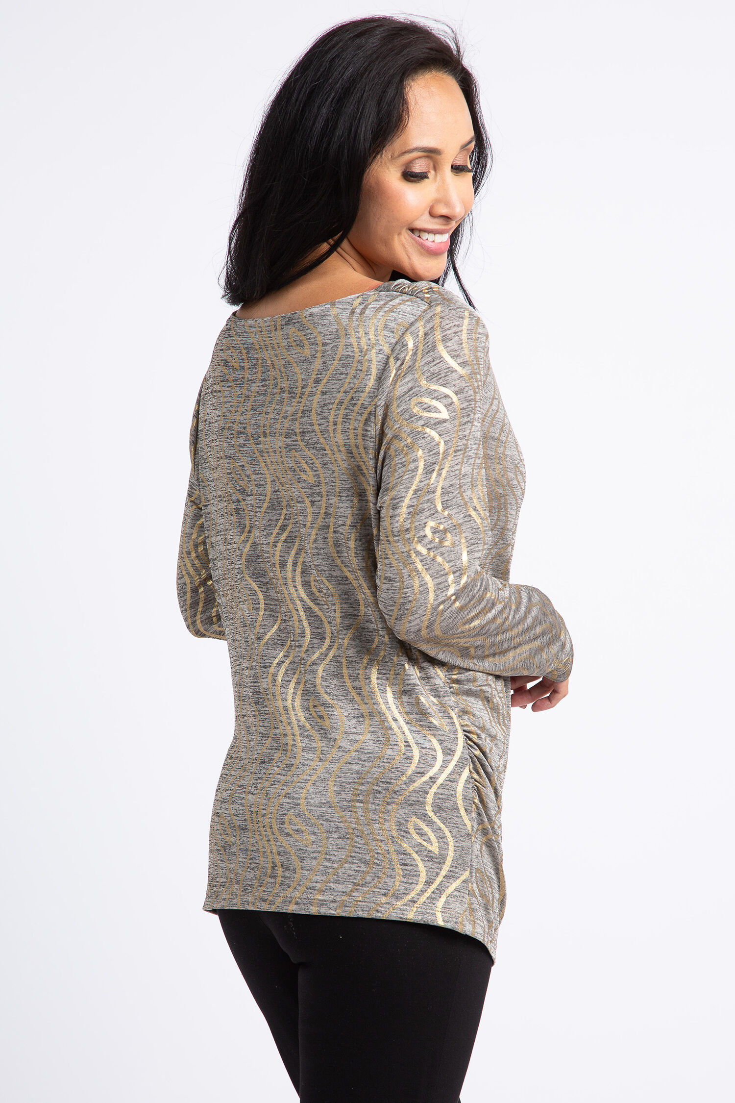 Long Sleeve Drape Neck Metallic Top Image 4