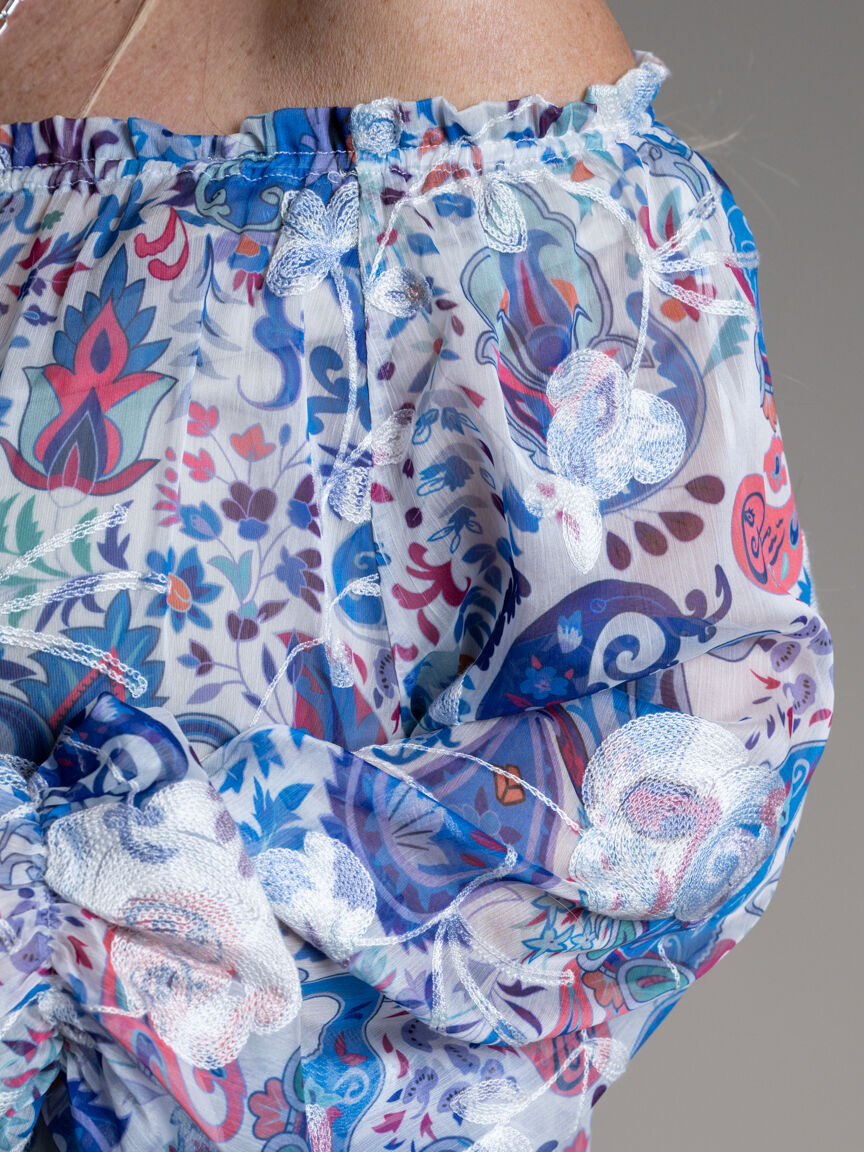 Long Sleeve Sheer Blouse With Embroidery