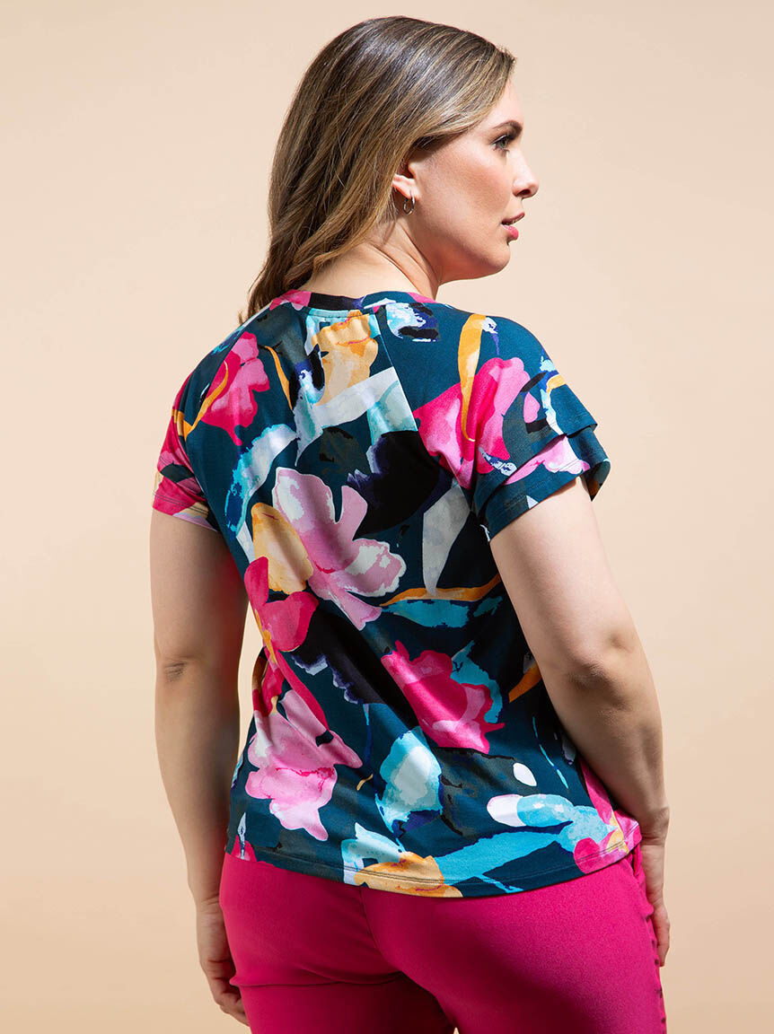 Floral Crew Neck Top w/ Ruffle Sleeves Image 4