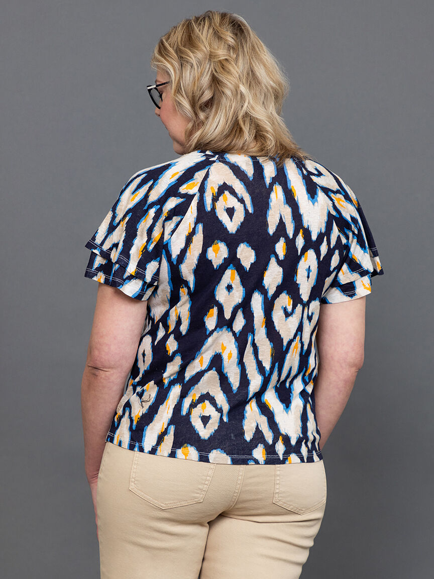 Linen-Blend Ruffle-Sleeve Crew Neck Top 