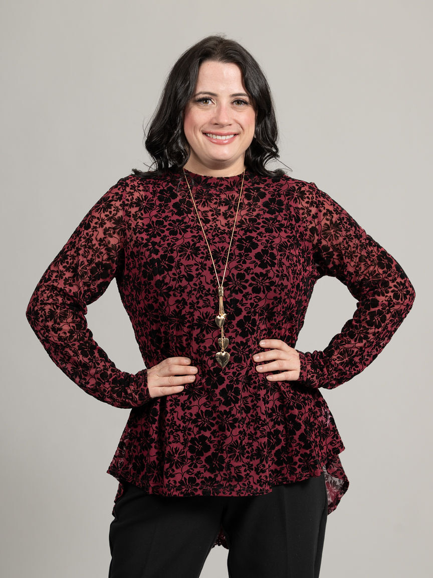 Long Sleeve Floral Burnout High-Low Blouse