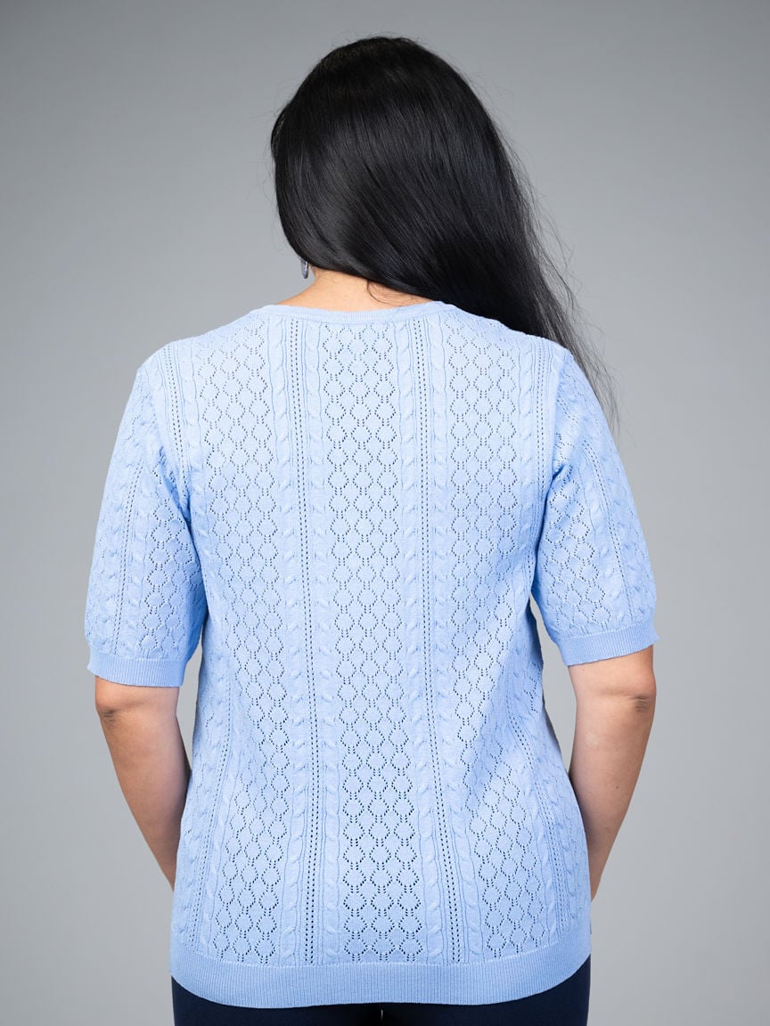 Short Sleeve Polo Sweater With Scalloped Collar Trim