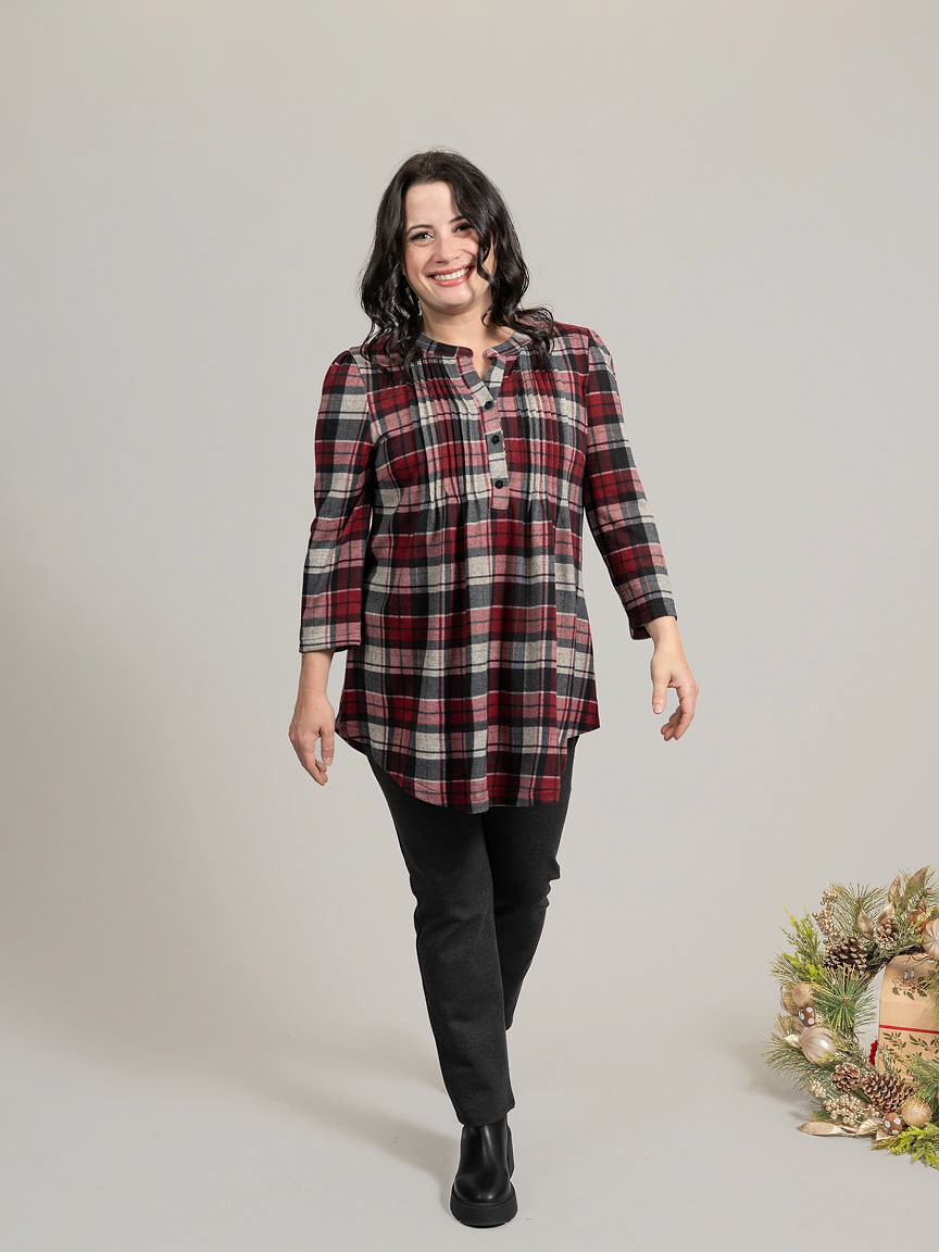 &frac34; Sleeve Plaid Blouse