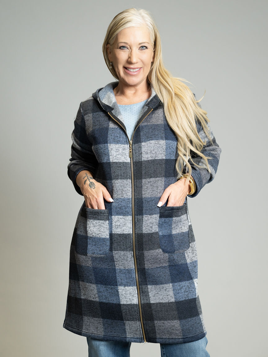 Long Plaid Zipper Cardigan With Hood And Pockets