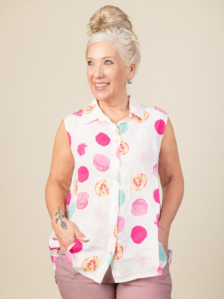 Sleeveless Button-Down Top with Flowing Circle Print Image 3