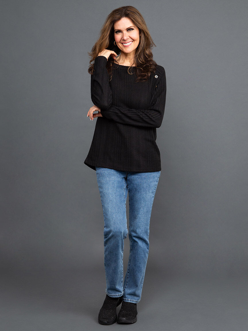 Ribbed Long Sleeve Sweater w/ Buttons Image 1