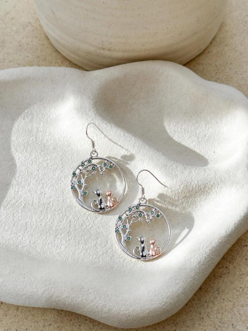 Cat and Tree Drop Earrings