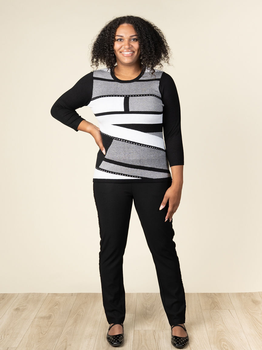 3/4 Sleeve Color Block Sweater with Hotfix