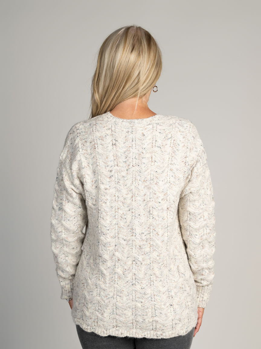 Henley Knit Sweater With Scalloped Hem