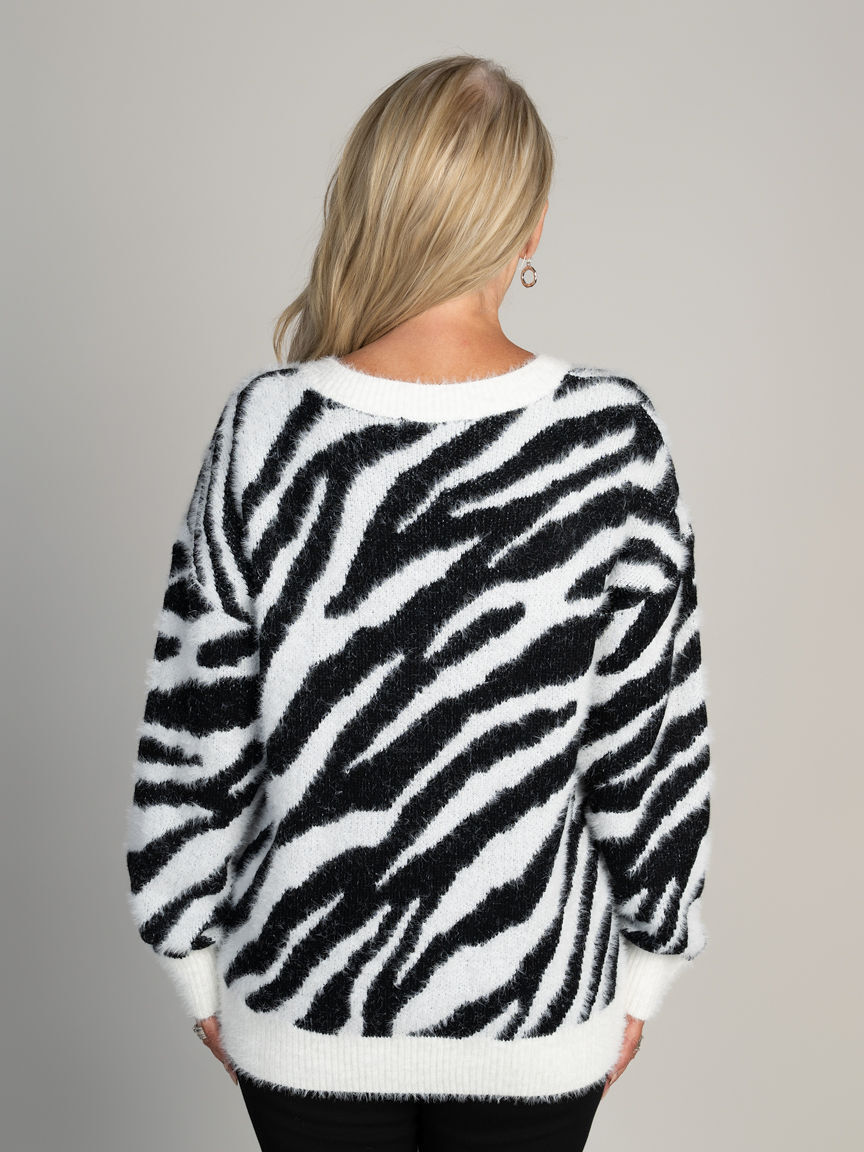 V-Neck Zebra Knit Sweater
