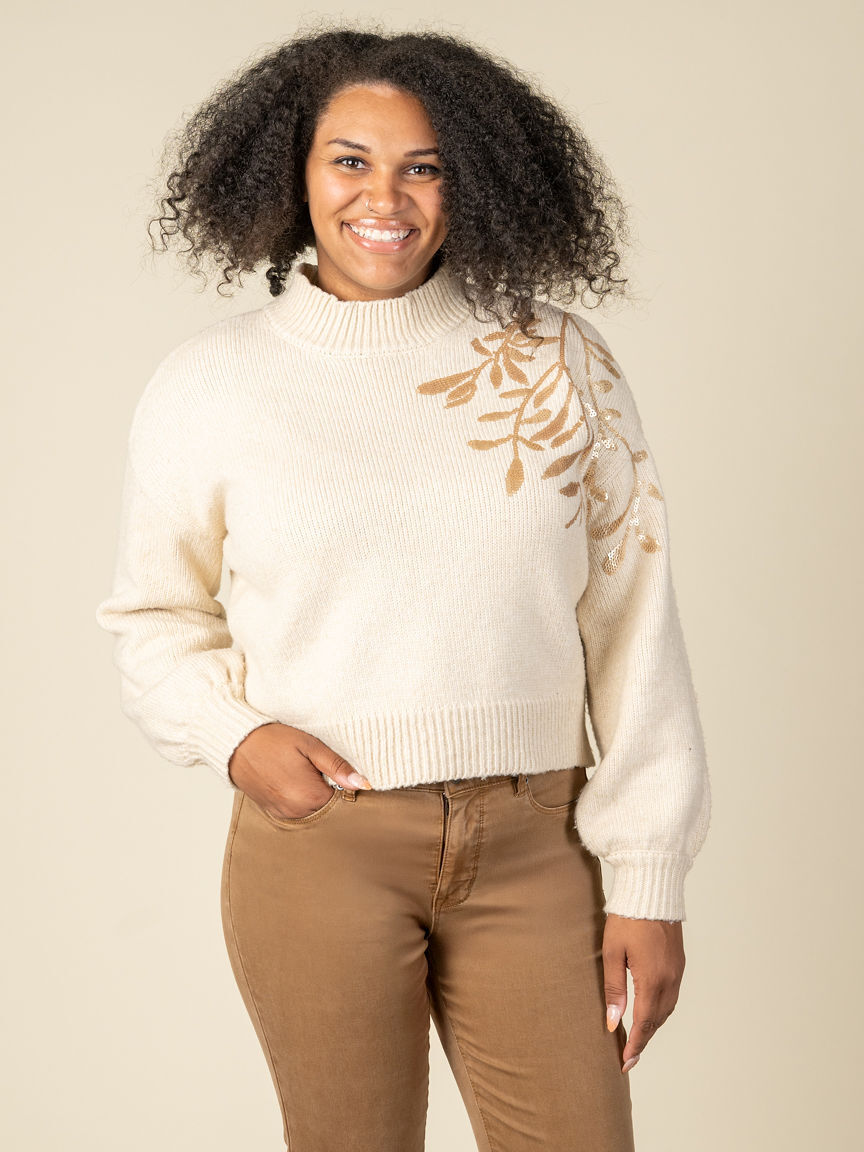 Sequin Floral Applique Mock Neck Sweater