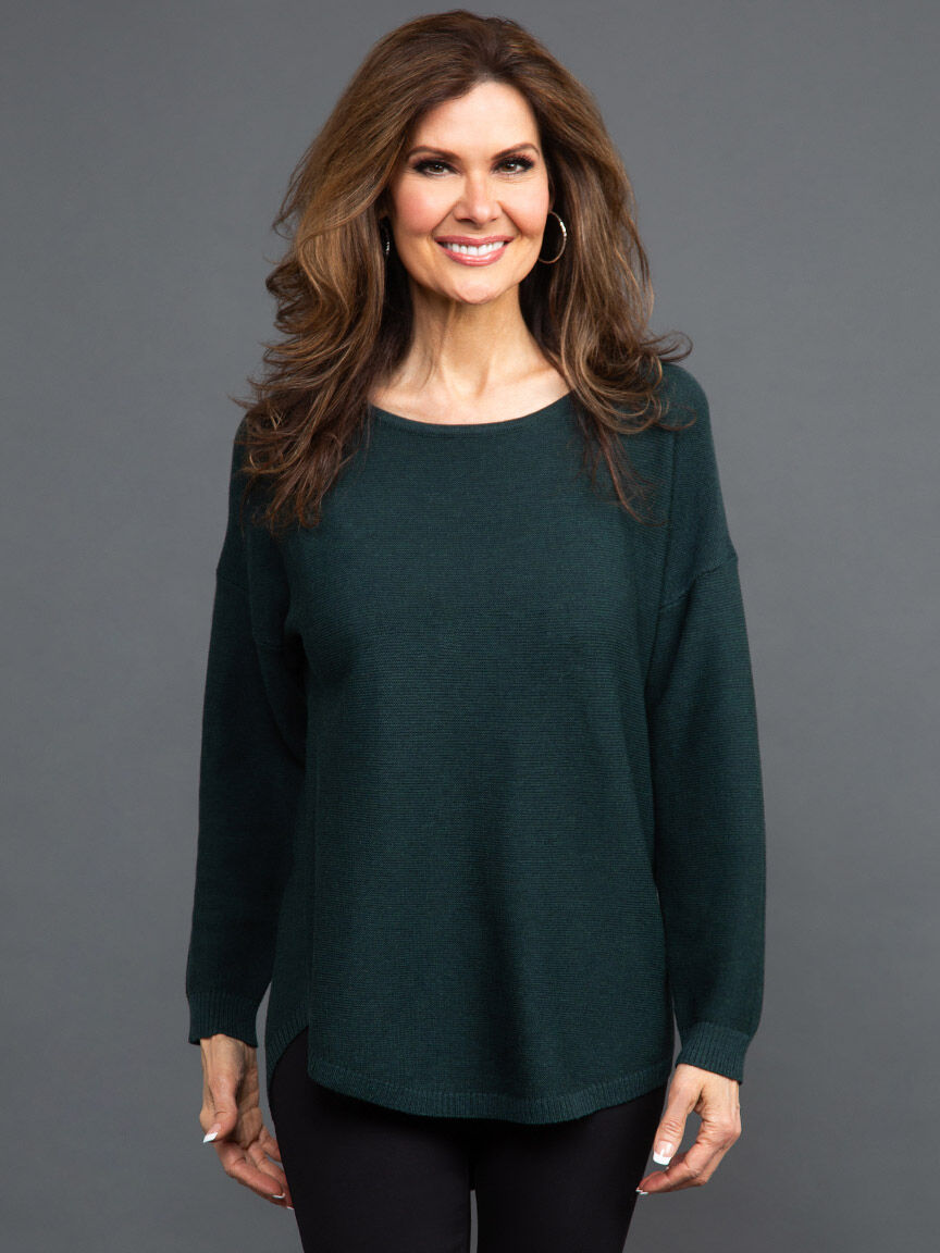 Long Sleeve Crewneck Sweater w/ Curved Hem Image 2