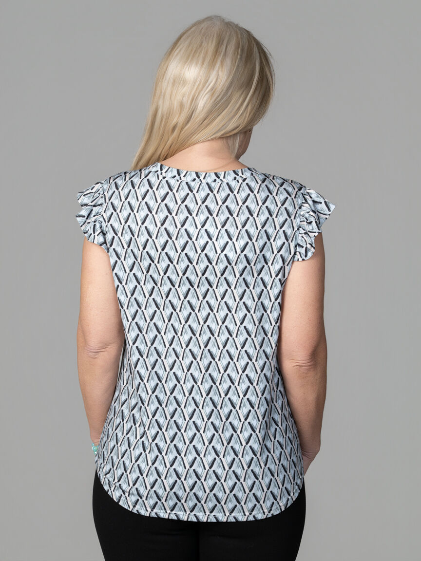 Sleeveless Ruffle V-Neck Shirt with Button Detail