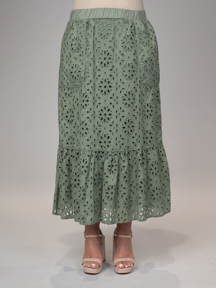 Pull-On Midi Skirt With Floral Eyelet Embroidery