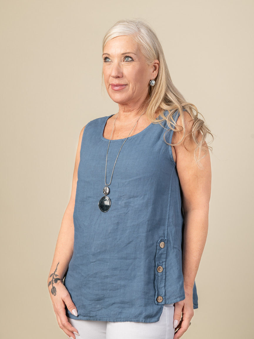Solid Sleeveless Top with Side Seam Button Detail Image 2