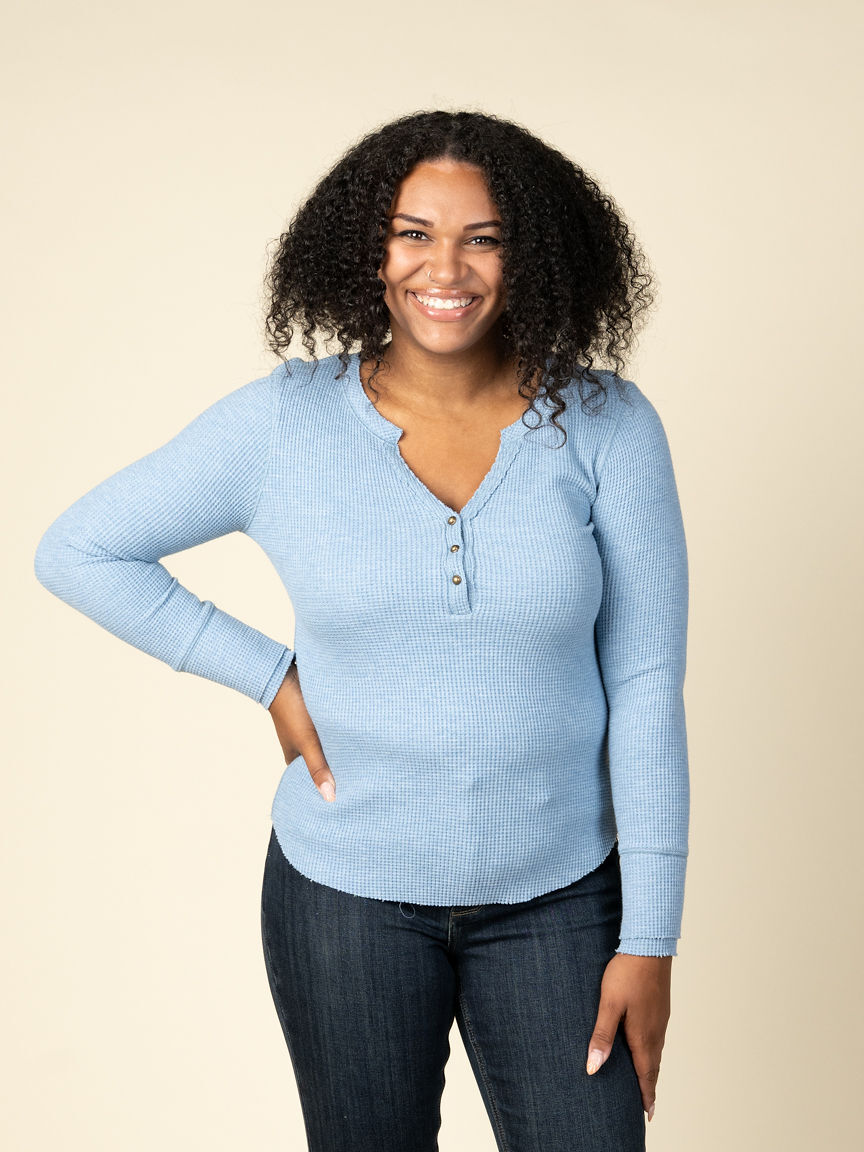 Long Sleeve Waffle Knit Henley Top Image 3