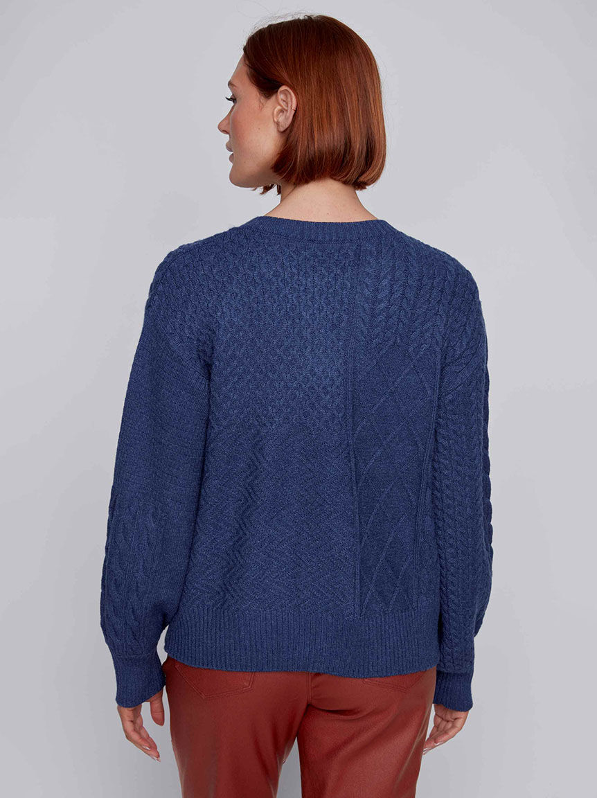 Cable Knit V-Neck Sweater w/ Balloon Sleeves Image 3