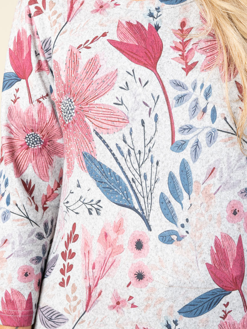 Floral 3/4 Sleeve Top With Hotfix