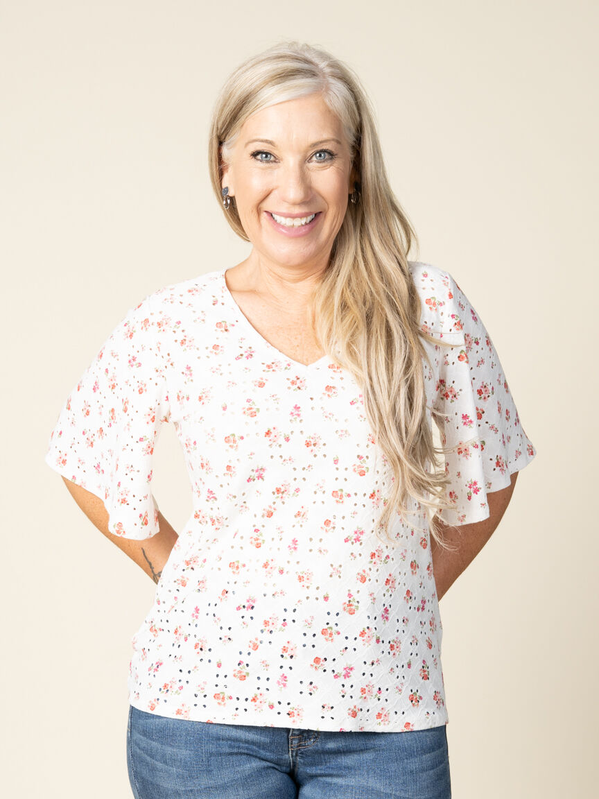 Short Flutter Sleeve V Neck Floral Print Top With Eyelet Lace Detail Image 1