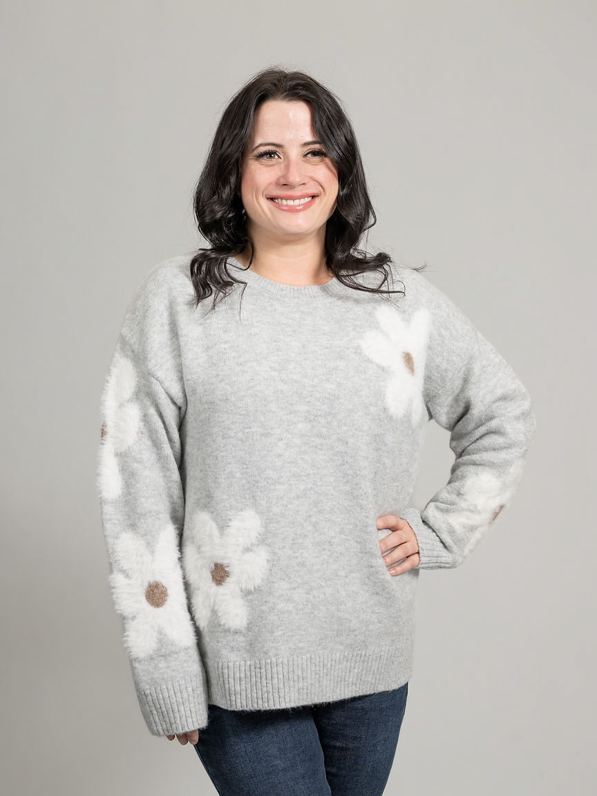 Long Sleeve Knit Sweater With Fluffy Flower Appliqu&eacute;
