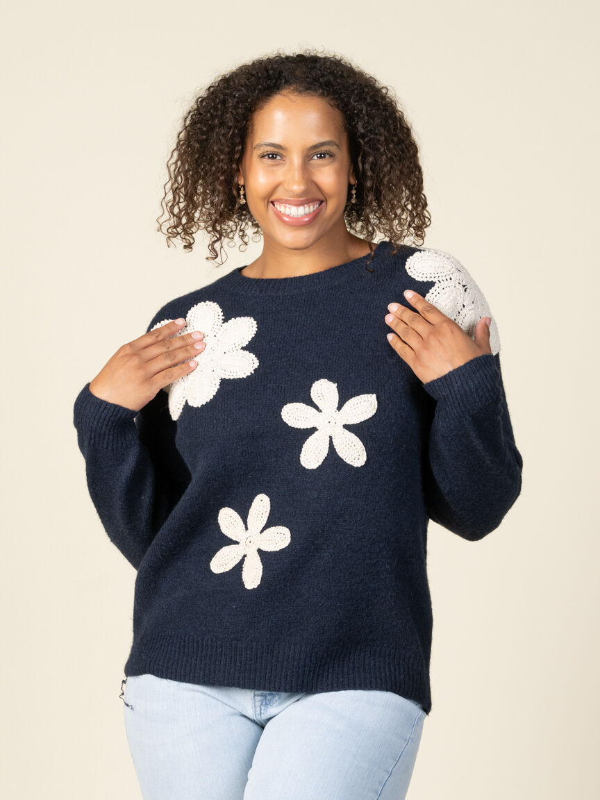 Long Sleeve Sweater with Crochet Flower Details